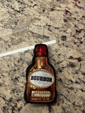 Sequin Bourbon Bottle Ornament - Gold & Red